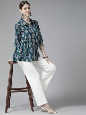 Blue printed cotton long-tops 5