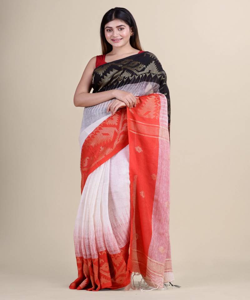 RED & WHITE Cotton Silk Hand Woven  Jamdani Handloom Linen   Saree
