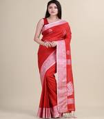RED & SILVER Cotton Silk Hand Woven Tant Jamdani Handloom Linen   Saree
