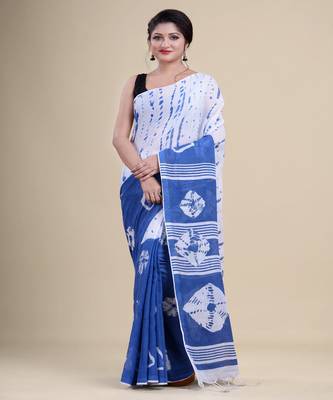 BLUE & WHITE  HANDLOOM  Hand Woven  Jamdani Saree 4