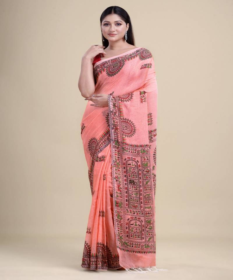 PEACH & MULTI  HANDLOOM  Hand Woven Tant Jamdani Saree