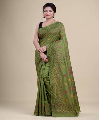 GREEN,PINK & YELLOW  KATHA STITCH Hand Woven   Handloom  Saree. 5