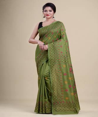 GREEN,PINK & YELLOW  KATHA STITCH Hand Woven   Handloom  Saree. 1