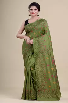 GREEN,PINK & YELLOW  KATHA STITCH Hand Woven   Handloom  Saree.