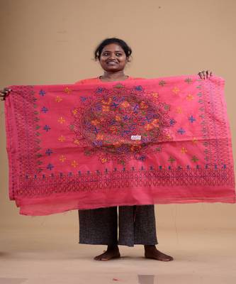 PINK & MULTI KATHA STITCH Hand Woven   Handloom  Saree. 2