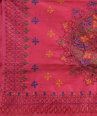 PINK & MULTI KATHA STITCH Hand Woven   Handloom  Saree. 3