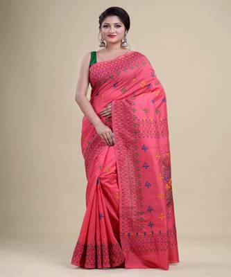 PINK & MULTI KATHA STITCH Hand Woven   Handloom  Saree. 5
