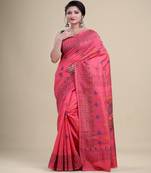 PINK & MULTI KATHA STITCH Hand Woven   Handloom  Saree.