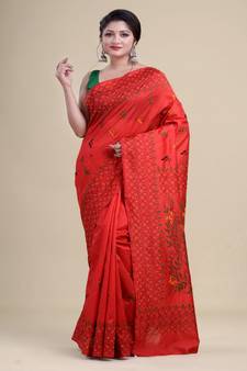 RED,YELLOW & GREEN  KATHA STITCH Hand Woven Tant  Handloom  Saree.