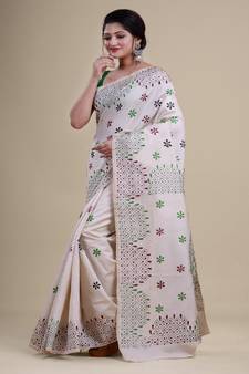 OFF-WHITE & MAROON  KATHA STITCH Hand Woven   Handloom  Saree.