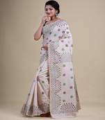 OFF-WHITE & MAROON  KATHA STITCH Hand Woven   Handloom  Saree.