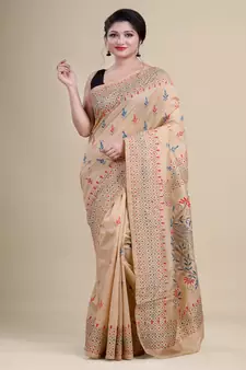 OFF-WHITE,BLUE & RED  KATHA WORK Hand Woven Tant  Handloom  Saree.