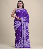 PURPLE & WHITE  GUJRATI KATHA STITCH Hand Woven Tant  Handloom  Saree.