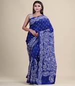 BLUE & WHITE PADMA KATHA STITCH Hand Woven Tant  Handloom  Saree.