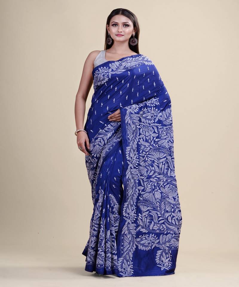 BLUE & WHITE PADMA KATHA STITCH Hand Woven Tant  Handloom  Saree.