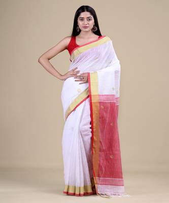 WHITE & RED  HANDLOOM  Hand Woven Silk Tant Jamdani Saree. 1