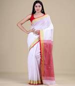 WHITE & RED  HANDLOOM  Hand Woven Silk Tant Jamdani Saree.