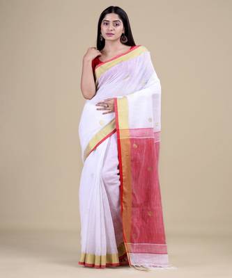 WHITE & RED  HANDLOOM  Hand Woven Silk Tant Jamdani Saree. 5