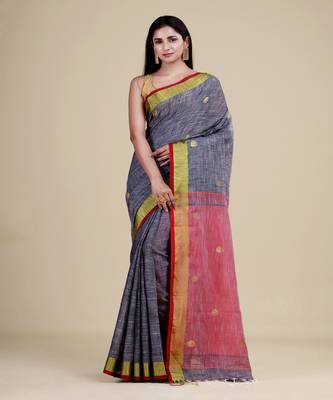 GREY & RED  HANDLOOM  Hand Woven Silk  Jamdani Saree. 1