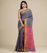GREY & RED  HANDLOOM  Hand Woven Silk  Jamdani Saree.