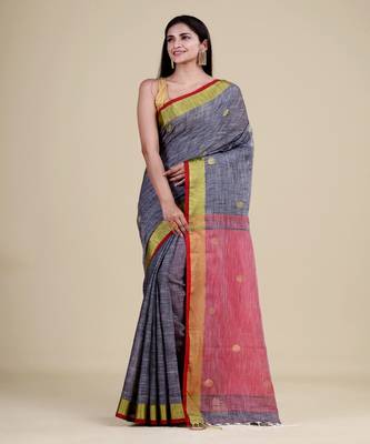 GREY & RED  HANDLOOM  Hand Woven Silk  Jamdani Saree. 5