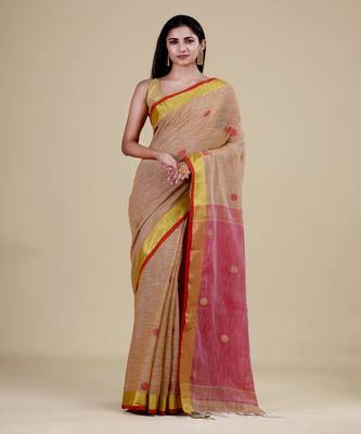 GOLDEN & RED  HANDLOOM  Hand Woven Silk  Jamdani Saree. 1