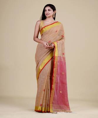 GOLDEN & RED  HANDLOOM  Hand Woven Silk  Jamdani Saree. 5