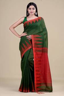 GREEN & RED  HANDLOOM  Hand Woven Silk Tant Jamdani Saree.