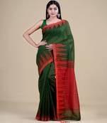 GREEN & RED  HANDLOOM  Hand Woven Silk Tant Jamdani Saree.