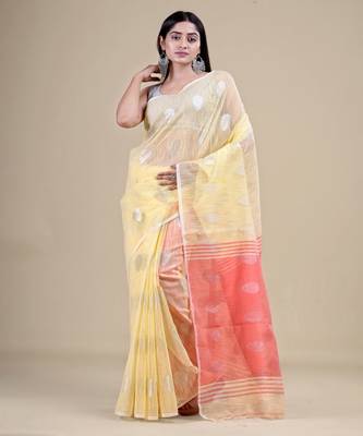 YELLOW & PEACH HANDLOOM Silk Cotton Hand Woven   Jamdani Saree. 1