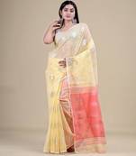 YELLOW & PEACH HANDLOOM Silk Cotton Hand Woven   Jamdani Saree.