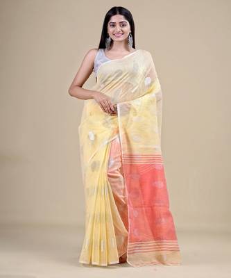 YELLOW & PEACH HANDLOOM Silk Cotton Hand Woven   Jamdani Saree. 5