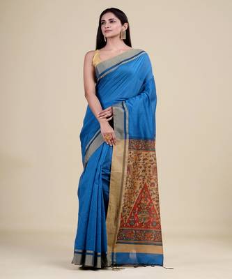 BLUE,GOLDEN & MULTI   HANDLOOM  Hand Woven Silk  Jamdani Saree. 5
