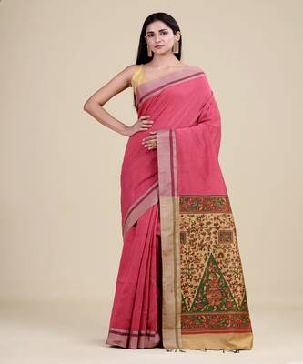 PINK,GOLDEN & MULTI   HANDLOOM  Hand Woven Silk  Jamdani Saree. 1