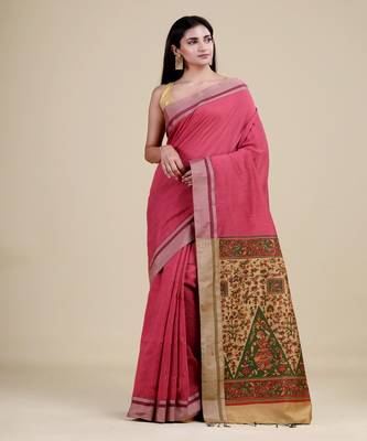PINK,GOLDEN & MULTI   HANDLOOM  Hand Woven Silk  Jamdani Saree. 5