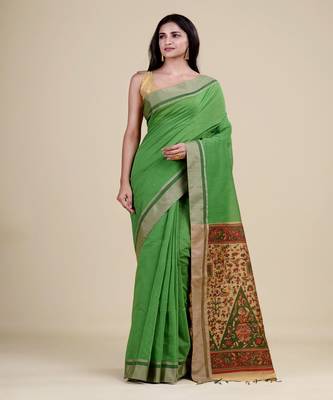 GREEN,GOLDEN & MULTI   HANDLOOM  Hand Woven Silk  Jamdani Saree. 1