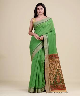 GREEN,GOLDEN & MULTI   HANDLOOM  Hand Woven Silk  Jamdani Saree. 3