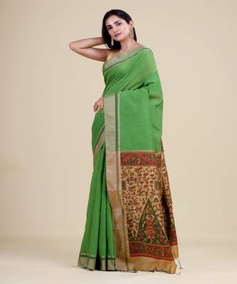 GREEN,GOLDEN & MULTI   HANDLOOM  Hand Woven Silk  Jamdani Saree. 5
