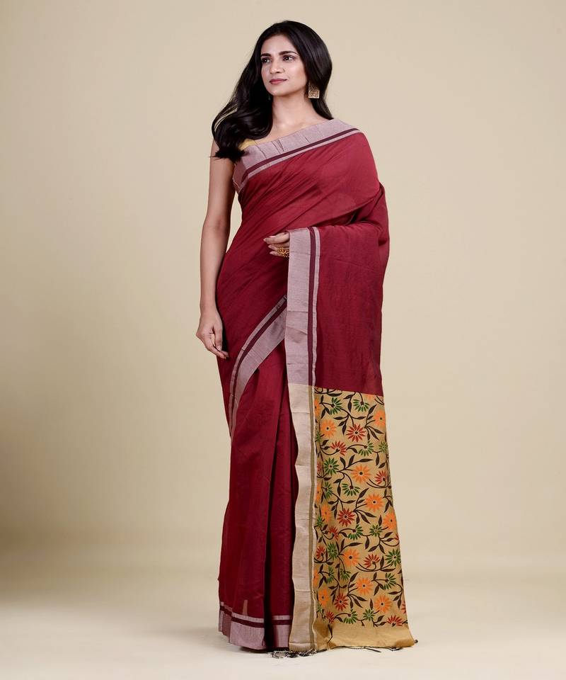 MAROON & GOLDEN  HANDLOOM  Hand Woven Silk  Jamdani Saree.