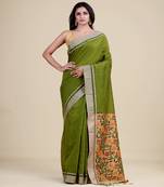 GREEN & GOLDEN   HANDLOOM  Hand Woven Silk  Jamdani Saree.