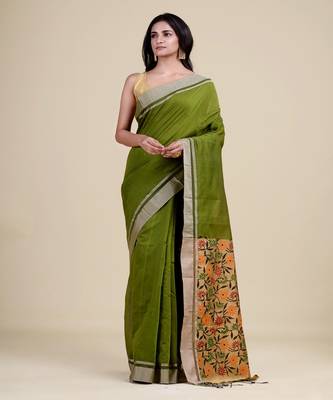 GREEN & GOLDEN   HANDLOOM  Hand Woven Silk  Jamdani Saree. 5