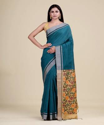 DEEP GREEN & GOLDEN   HANDLOOM  Hand Woven Silk  Jamdani Saree. 1