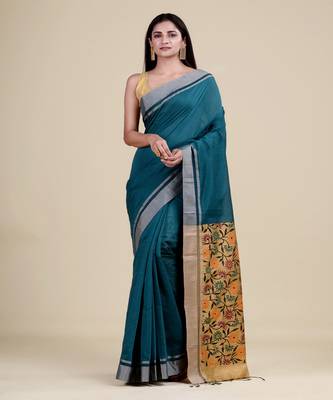 DEEP GREEN & GOLDEN   HANDLOOM  Hand Woven Silk  Jamdani Saree. 5
