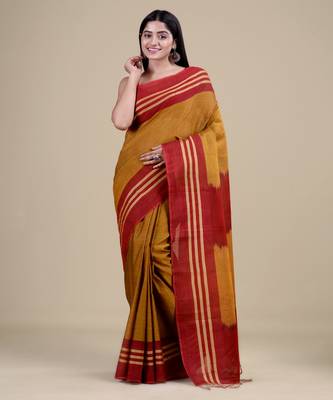 GOLDEN YELLOW & MAROON   HANDLOOM  Hand Woven Silk  Jamdani Saree. 1