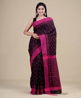 BLACK & PINK   HANDLOOM  Hand Woven Silk  Jamdani Saree. 1
