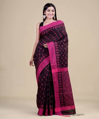 BLACK & PINK   HANDLOOM  Hand Woven Silk  Jamdani Saree. 5