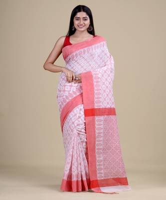 WHITE & RED   HANDLOOM  Hand Woven Silk  Jamdani Saree. 1