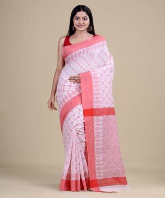 WHITE & RED   HANDLOOM  Hand Woven Silk  Jamdani Saree. 5