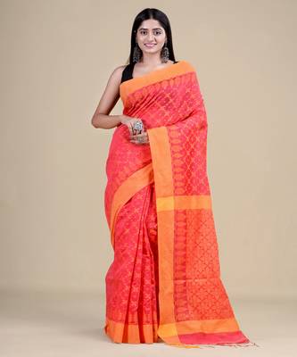 DEEP PINK & YELLOW   HANDLOOM  Hand Woven Silk  Jamdani Saree. 1