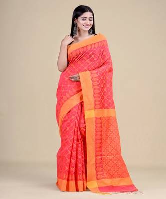 DEEP PINK & YELLOW   HANDLOOM  Hand Woven Silk  Jamdani Saree. 5